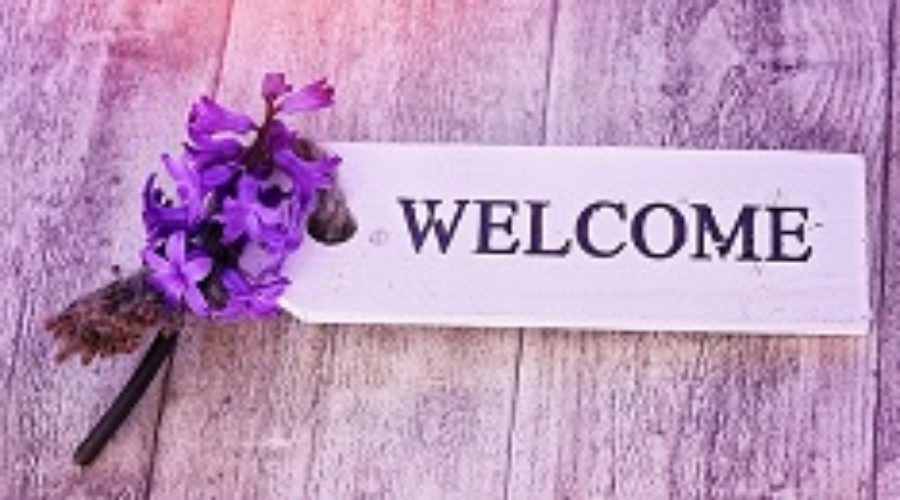 Welcome note and purple flowers
